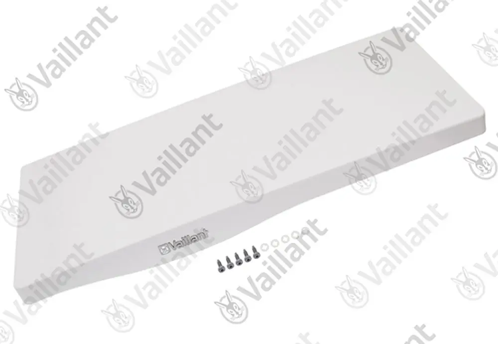 Weiße Abdeckung mit einem glatten Profil, versehen mit dem Logo der Marke Vaillant, neben Schrauben und Unterlegscheiben auf einem hellen Hintergrund.